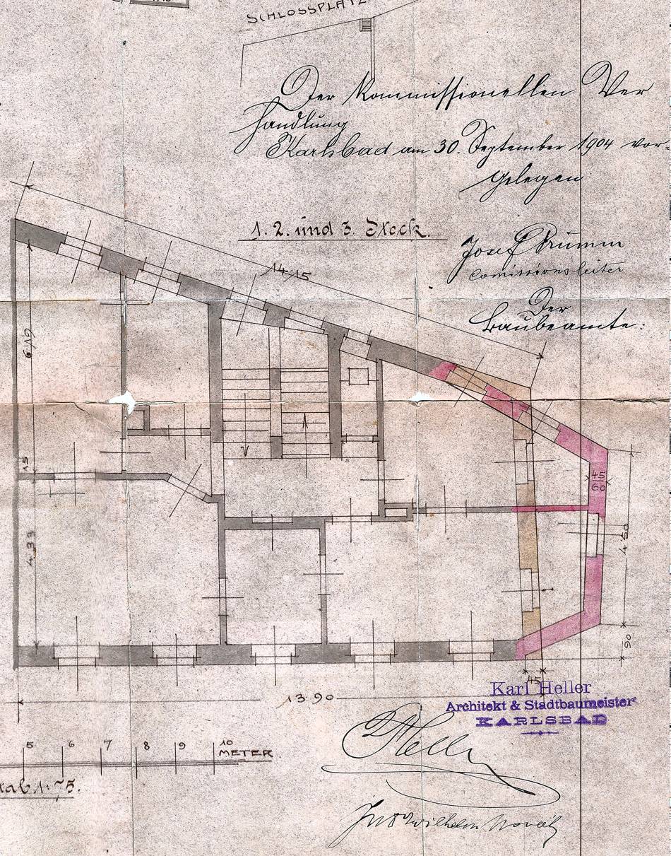 Originální půdorys z 30. září 1904 s razítkem Karl Heller, Architekt & Stadtbaumeister, Karlsbad