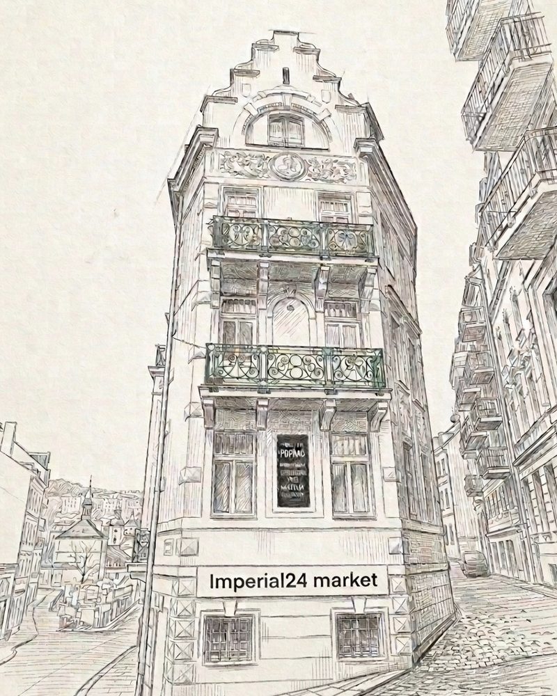 Kresba nárožního pohledu na dům s nápisem Imperial24 market