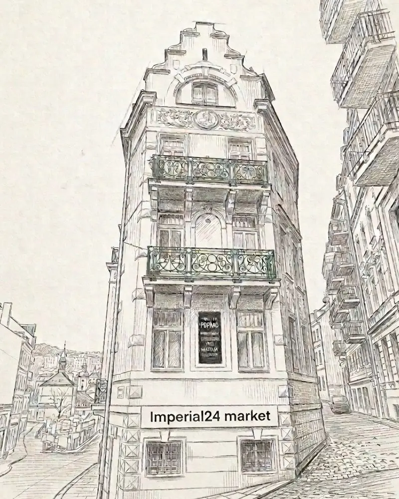 Kresba nárožního pohledu na dům s nápisem Imperial24 market